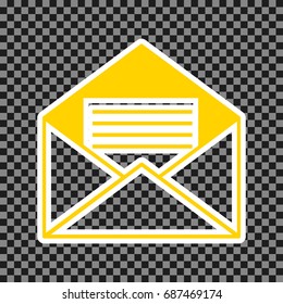 Letter in an envelope sign illustration. Vector. Yellow icon with white contour on dark transparent background.