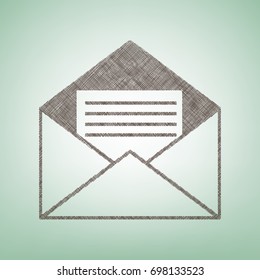 Letter in an envelope sign illustration. Vector. Brown flax icon on green background with light spot at the center.