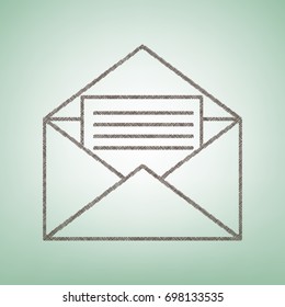 Letter in an envelope sign illustration. Vector. Brown flax icon on green background with light spot at the center.