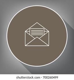 Letter in an envelope sign illustration. Vector. White icon on brown circle with white contour and long shadow at gray background. Like top view on postament.