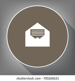 Letter in an envelope sign illustration. Vector. White icon on brown circle with white contour and long shadow at gray background. Like top view on postament.