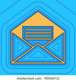 Letter in an envelope sign illustration. Vector. Sand color icon with black contour and equidistant blue contours like field at sky blue background. Like waves on map - island in ocean or sea.