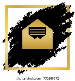 Letter in an envelope sign illustration. Vector. Golden icon at black spot inside golden frame on white background.
