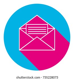 Letter in an envelope sign illustration. Vector. Flat white icon with mexican pink shadow inside sky blue(S and G) circle at white background. Isolated. Trend colors in 2017.