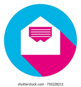 Letter in an envelope sign illustration. Vector. Flat white icon with mexican pink shadow inside sky blue(S and G) circle at white background. Isolated. Trend colors in 2017.