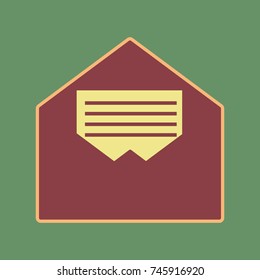 Letter in an envelope sign illustration. Vector. Cordovan icon and mellow apricot halo with light khaki filled space at russian green background.