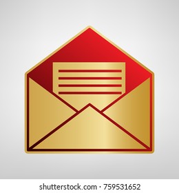 Letter in an envelope sign illustration. Vector. Red icon on gold sticker at light gray background.