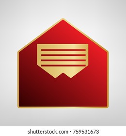 Letter in an envelope sign illustration. Vector. Red icon on gold sticker at light gray background.