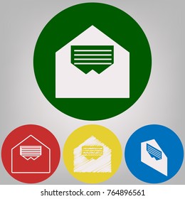 Letter in an envelope sign illustration. Vector. 4 white styles of icon at 4 colored circles on light gray background.