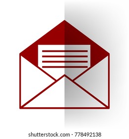 Letter in an envelope sign illustration. Vector. Bordo icon on white bending paper background.
