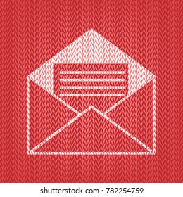 Letter in an envelope sign illustration. Vector. Knitted white icon on a red knitted background.