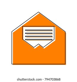 Letter in an envelope sign illustration. Vector. Black line icon with shifted flat orange filled icon on white background. Isolated.