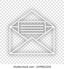 Letter in an envelope sign illustration. White Icon with dropped natural gray Shadow at transparent Background. Illustration.