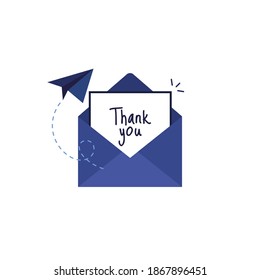 Letter In An Envelope With Thanks Or Thank You On White Background Icon. Send To Email, Mail. Blue. Flat Design. Eps 10