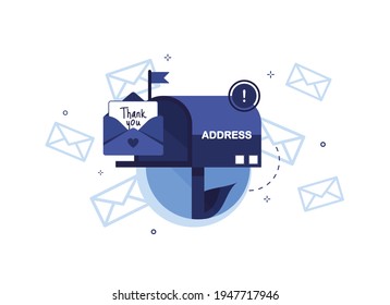 Letter in an envelope with thanks or thank you text in a mailbox. Send to email, mail. Blue. Flat design. On white background. Eps 10
