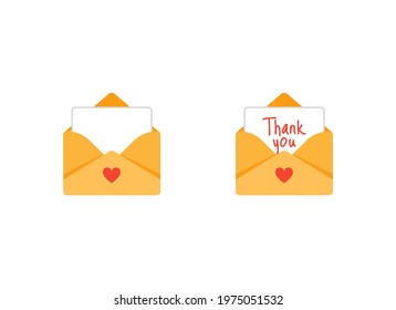 Letter in an envelope with thanks or thank you  isolated on white background set icons. Send to email, mail. Yellow. Flat design