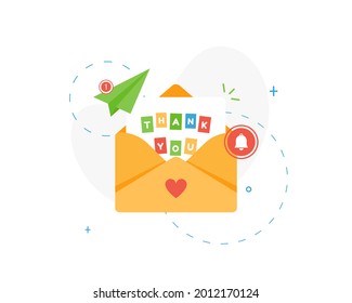 Letter In An Envelope With Thanks Or Thank You On White Background Icon. Send To Email, Mail. Colorful. Flat Design