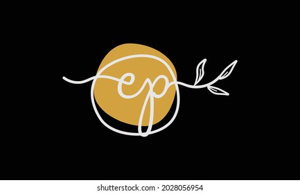 Letter EP or PE boho style botanical logo in flat minimal design symbol