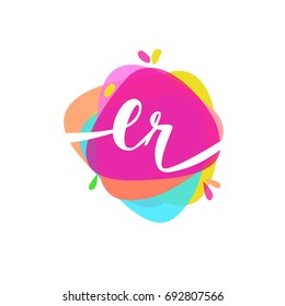 Letter ER logo with colorful splash background, letter combination logo design for creative industry, web, business and company.