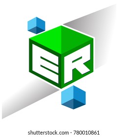 Letter ER logo in hexagon shape and green background, cube logo with letter design for company identity.
