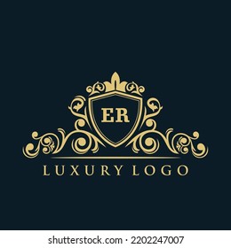 Letter ER logo with Luxury Gold Shield. Elegance logo vector template.