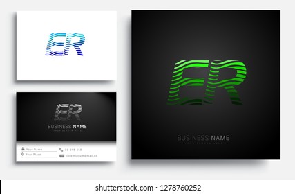 Letter ER logotype with colorful circle, with striped composition letter, sets of business card for company identity, creative industry, web.