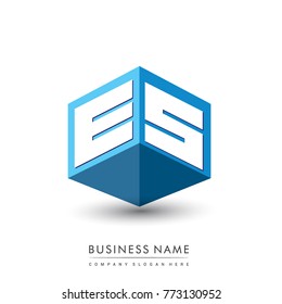 Letter ES logo in hexagon shape and blue background, cube logo with letter design for company identity.
