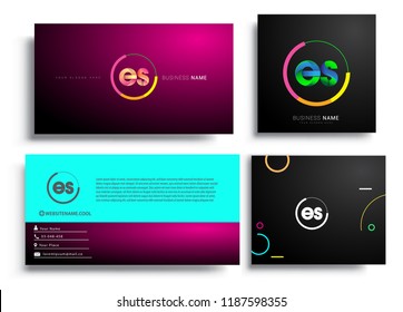 Letter ES logotype with colorful circle, letter combination logo design with ring, sets of business card for company identity, creative industry, web, isolated on white background.