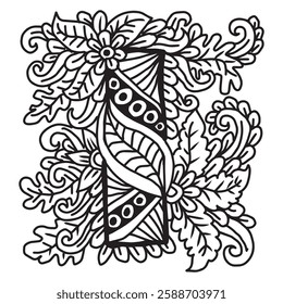 Letter I in ethnic style. Vector illustration for coloring book page.