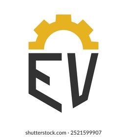 Letter EV Gear Logo Design for Service Center, Repair, Factory, Industrial, Digital and Mechanical Business