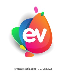 Letter EV logo with colorful splash background, letter combination logo design for creative industry, web, business and company.