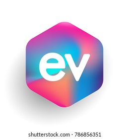 Letter EV logo in hexagon shape and colorful background, letter combination logo design for business and company identity.
