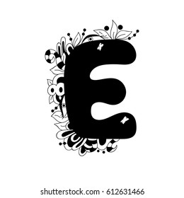 Letter E.Vector illustration, black and white, hand-drawn