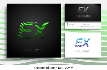 Letter EX logotype with colorful circle, with striped composition letter, sets of business card for company identity, creative industry, web.
