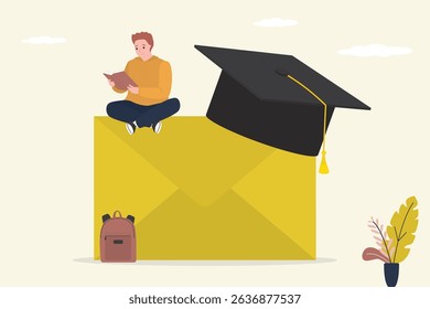 Letter with exam results. Invitation to enter college or academy. Smart student sitting on yellow envelope and reading book. Graduation hat. Confirmation of admission to university. flat vector