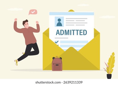 Letter with exam results. Invitation to enter college or academy. Happy student jumping near yellow envelope. New student admitted to education. Confirmation of admission to university. flat vector