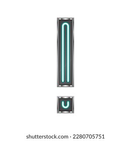 Letter Exclamation Mark (!) Sign Modern Alphabet Neon Glow Light Stainless Metallic Frame Futuristic Design Icon Logo Isolated on White Background