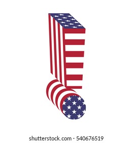 Punto de exclamación de carta de 3d con la textura de la bandera americana envuelta. Fuente vectorial del volumen USA