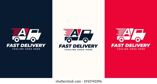 Plantilla de diseño de logotipo de entrega expreso de carta. Ilustración gráfica vectorial de la letra y diseño del logotipo de camión rápido. Servicio de entrega perfecto, diseño de logotipo de entrega express