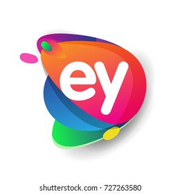 Letter EY logo with colorful splash background, letter combination logo design for creative industry, web, business and company.