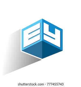 Letter EY logo in hexagon shape and blue background, cube logo with letter design for company identity.
