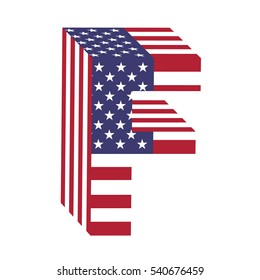 Letter F from 3d with American flag texture wrapped. Volume USA vector font