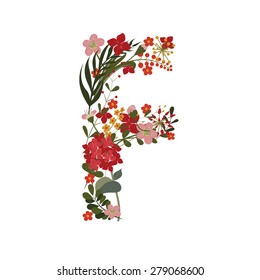 Letter F - 6 letter of the alphabet. Vector hand-drawn monogram composed of flowers, branches and leaves on a white background.