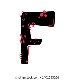 Letter F - abstract vector black font with pink dots, stripes, lines, spots. Abc, alphabet isolated on white background. Perfect illustration for your design - print, poster, card, logo, label