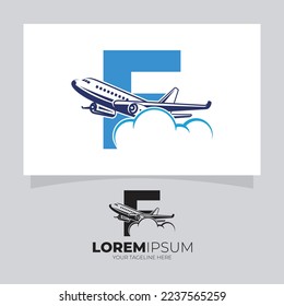 Buchstabe F des Flugzeugs über dem Hintergrund der Vektordesign-Illustration des Cloud-Logos