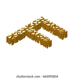 The letter F, in the alphabet broken 3d perspective isometric set gold color isolated on white background