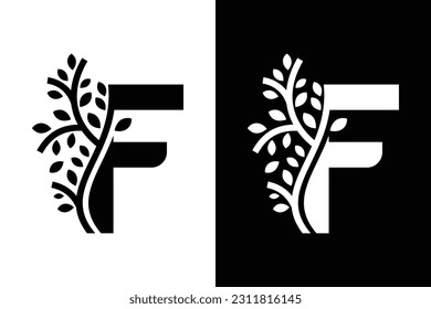 Letter F alphabet and growing leaf with black and white color. Very suitable for symbol, logo, company name, brand name, personal name, icon, identity, business, marketing and many more.