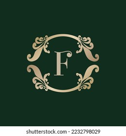 Letter F Alphabet Logo with Luxury Decorative Golden Frame. Elegant Curl Floral Ornament. 