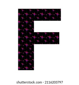 letter F of the alphabet made with a pattern of pink fuchsia flowers on a black background, isolated on white background, vector. with colors pink, red, purple, black and white