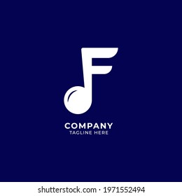 Letter F Alphabet Music Logo Design isolated on Navy Blue background. Initial and Musical Note, Semi Quaver Notes logo concept. Monogram Lettermark Logotype